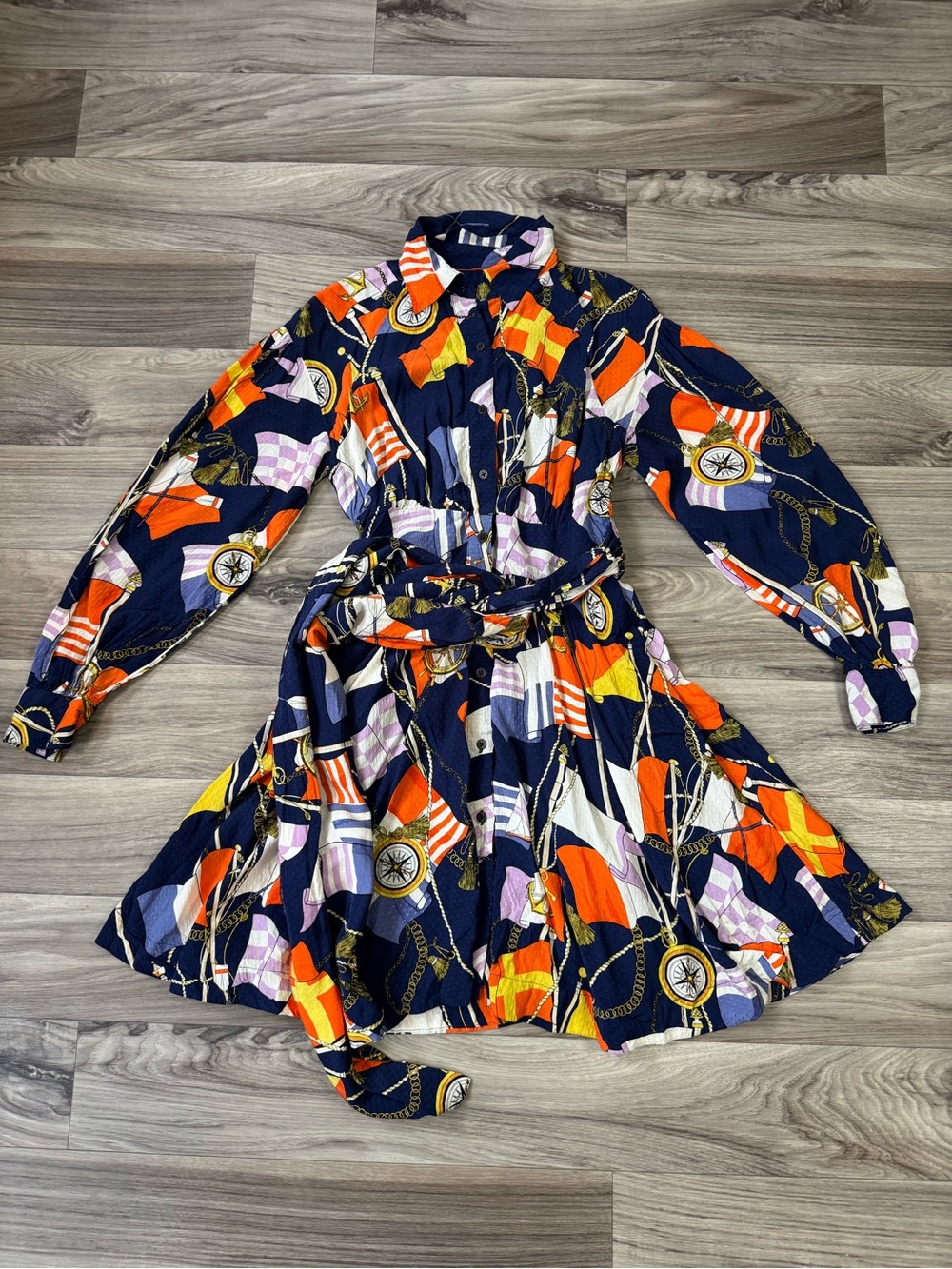 Maeve Navy Nautical Print Tie-Waist Shirt Dress Size Extra Small